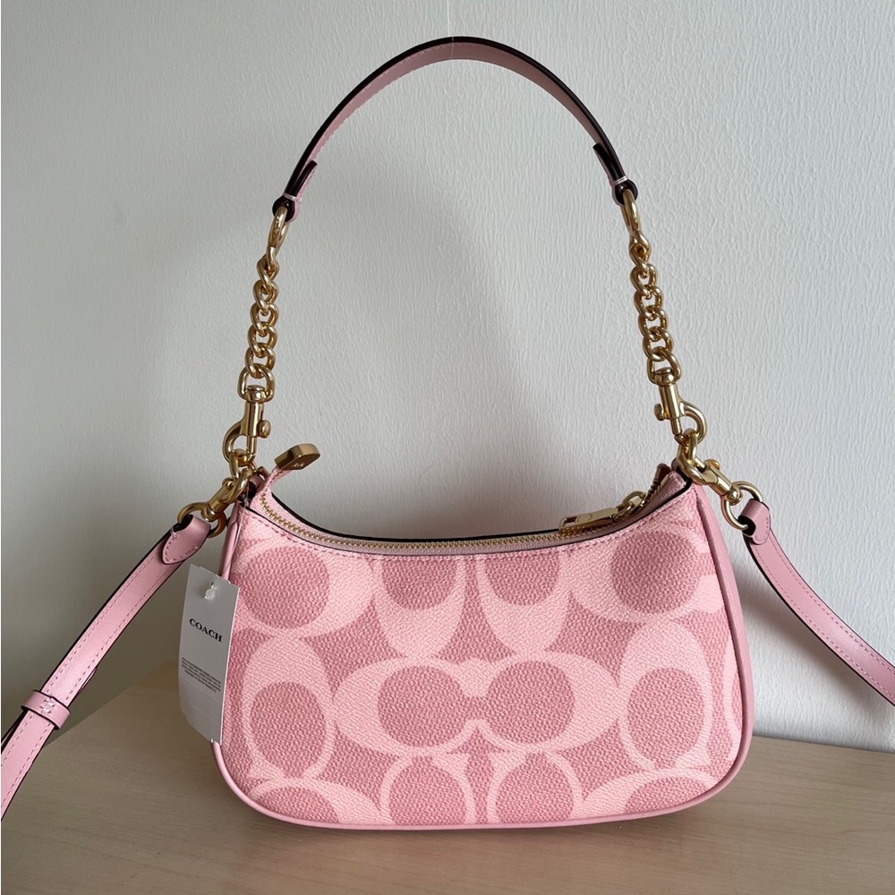 Coach Pink Signature Canvas Mini Shoulder Bag with Gold Chain - Picture 6 of 9